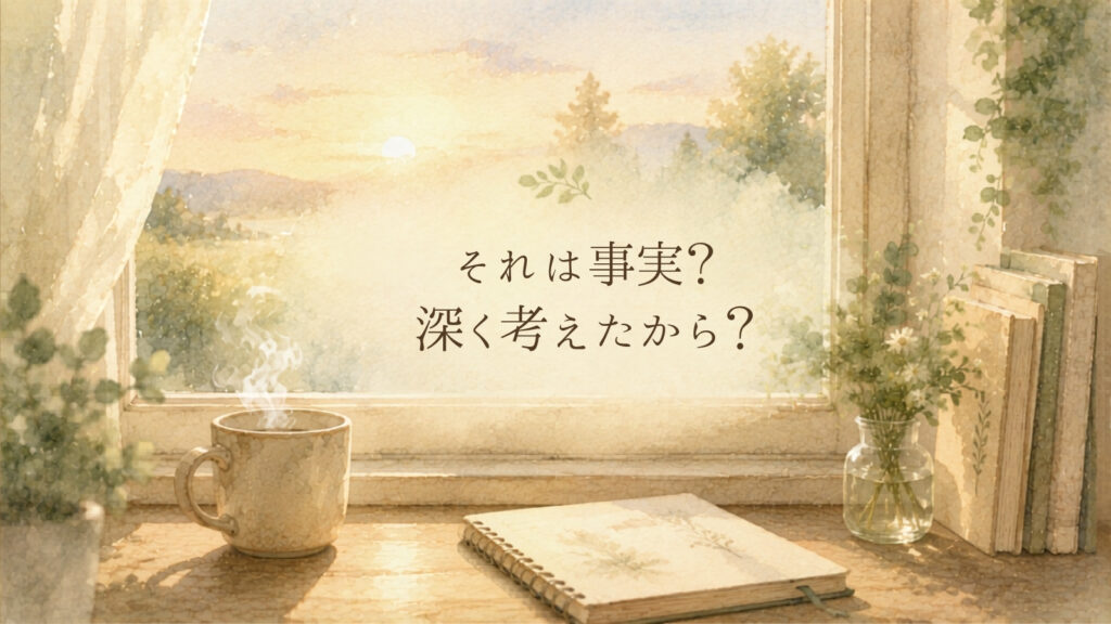 事実と考えすぎを見つめ直すきっかけを表現した窓辺とノートの水彩イラスト