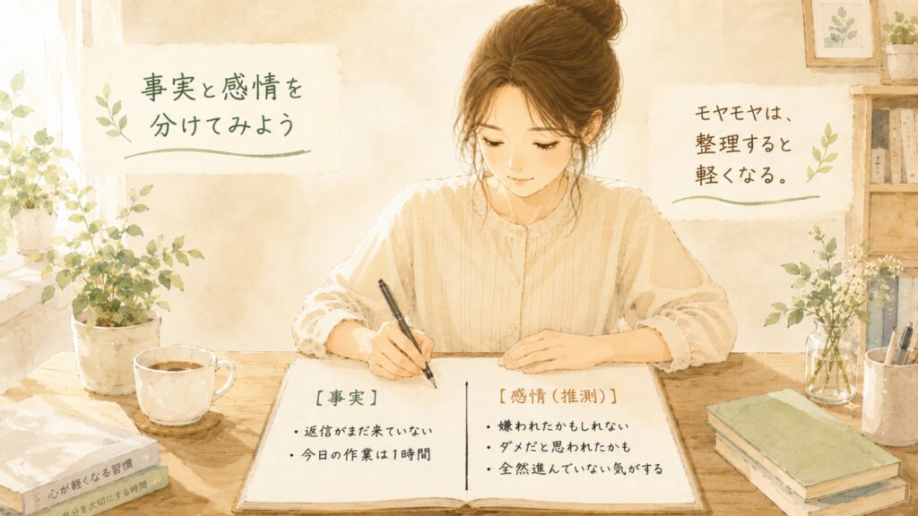 事実と感情を分けるために、紙に線を引いて整理している様子を表した水彩イラスト