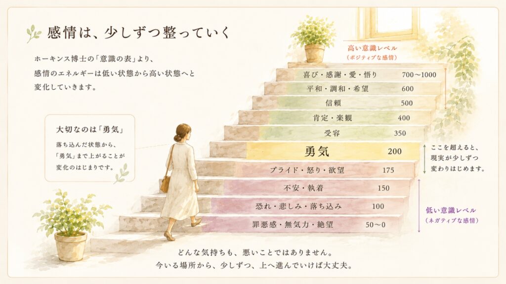 ホーキンス博士の意識の表を参考に、低い感情から勇気を経て高い感情へと少しずつ変化していく様子を階段で表した水彩イラスト。