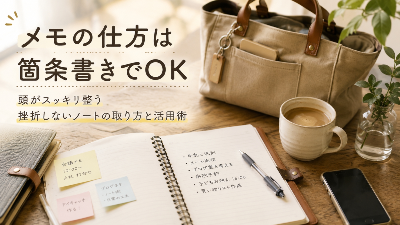 【メモの仕方は箇条書きでOK】 頭がスッキリ整う! 挫折しないノートの取り方と活用術 のアイキャッチ画像。箇条書きメモや付箋が貼られたノートとコーヒーが置かれたデスク風景。