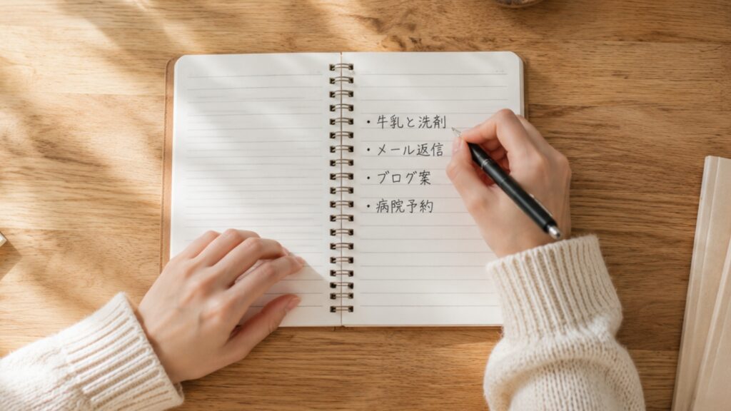 「1行1メモ」のルールで箇条書きメモを書いている手元の風景。「牛乳と洗剤」「メール返信」など、思いついたことを1行ずつノートに書き出している様子。
