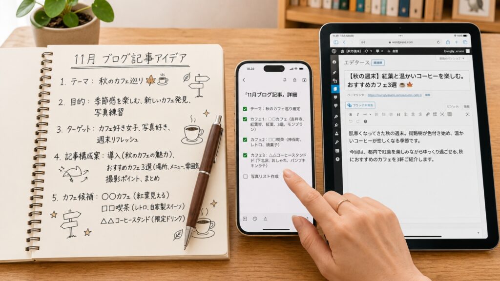 手書きのノートからスマホのメモアプリ、そしてタブレットのブログ作成画面へとアイデアを育てていく「手書きとデジタルの二刀流」の作業風景。
