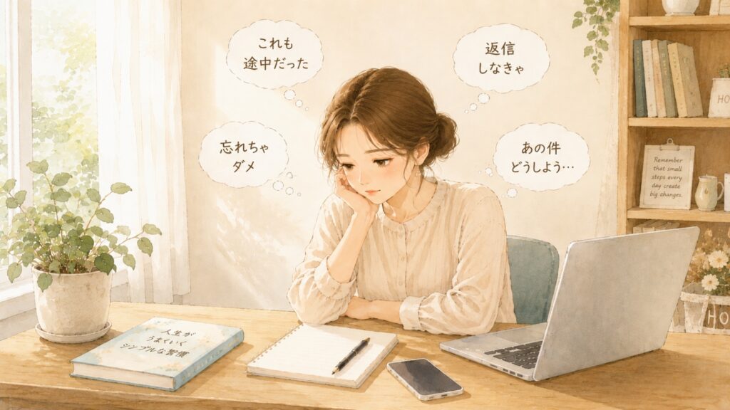 やることや気になることが重なり、頭の中の荷物が増えて動けなくなっている女性のイメージ