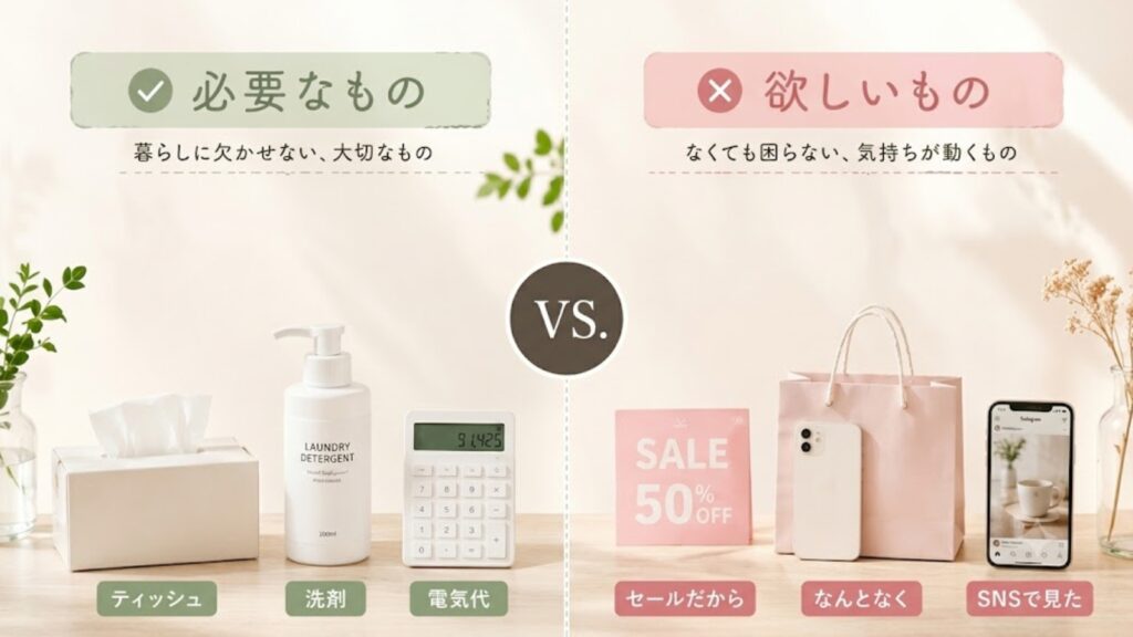 必要なものと欲しいものの違いを比較し、断捨離とお金の考え方を視覚的に表現したイラスト