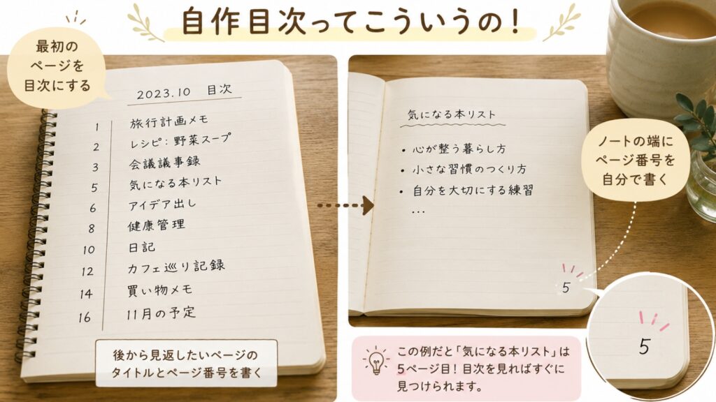 ノートの端にページ番号を書いてまとめる、超シンプルな自作目次の作り方と記入例の解説図。