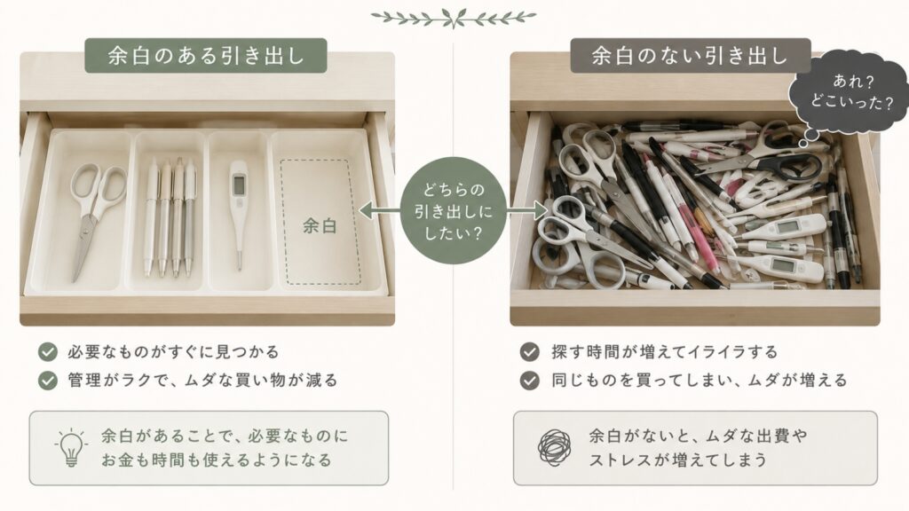 余白のある引き出しと散らかった引き出しを比較し、断捨離とお金の管理の共通点を表現したイラスト