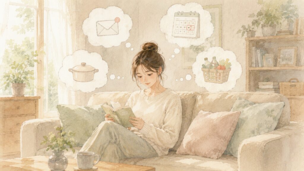 本を読んでいてもメールや買い物など複数の予定を考え続ける永続バックグラウンド思考のイラスト