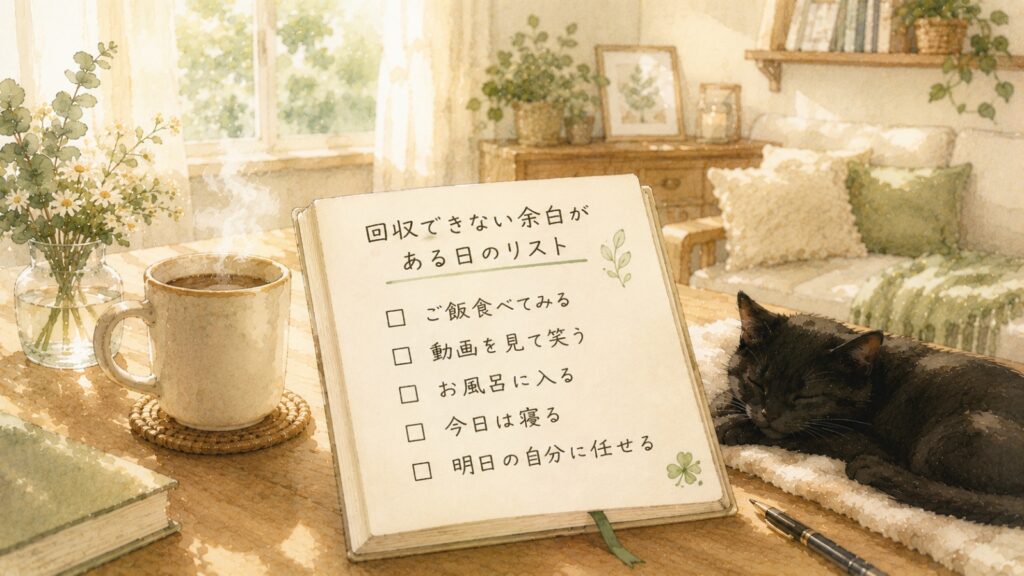 回収できないことを手放し自分の時間を過ごすためのチェックリストと黒猫の水彩イラスト