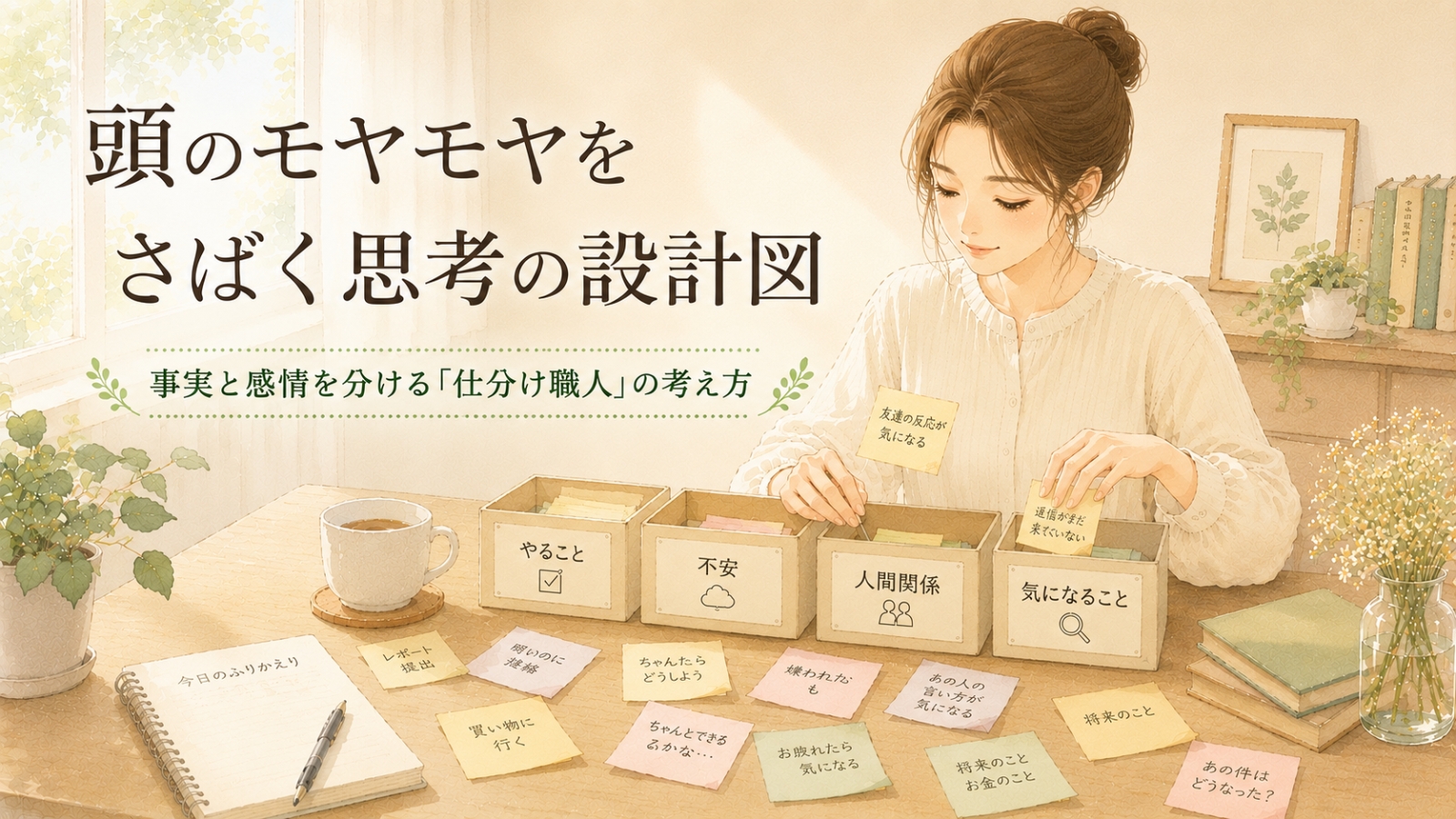 頭の中のモヤモヤを整理するために、やることや不安、人間関係などを一つずつ仕分けしている様子を表した水彩イラスト