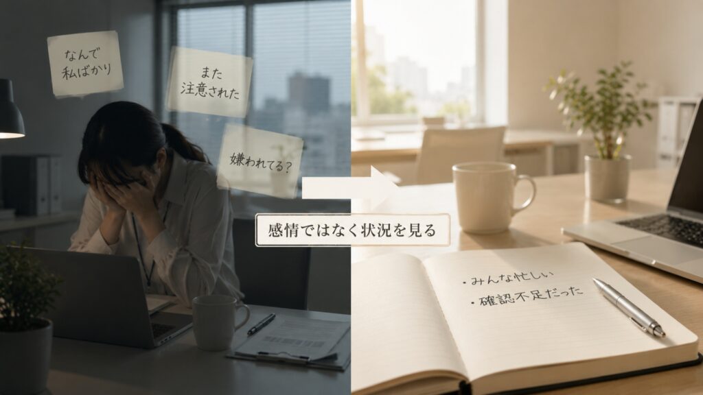 感情だけで判断せず、職場の状況を冷静に整理して考えるイメージ