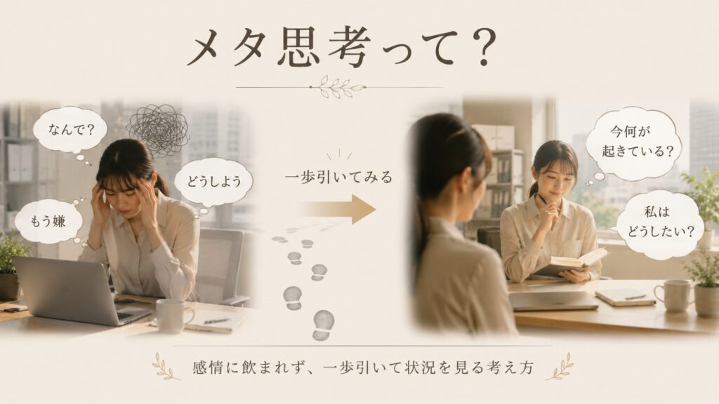 一歩引いて自分や状況を客観的に見るメタ思考のイメージ