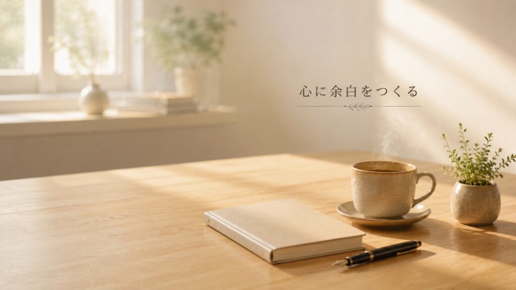 ノートとコーヒーが置かれた落ち着いたデスクで心に余白をつくるイメージ