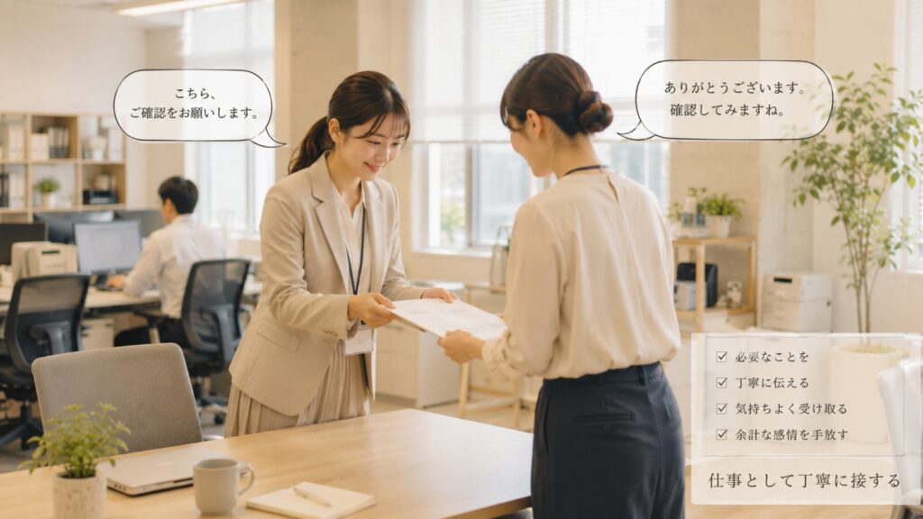 職場で挨拶や報連相を大切にし、仕事として丁寧にコミュニケーションを取る様子