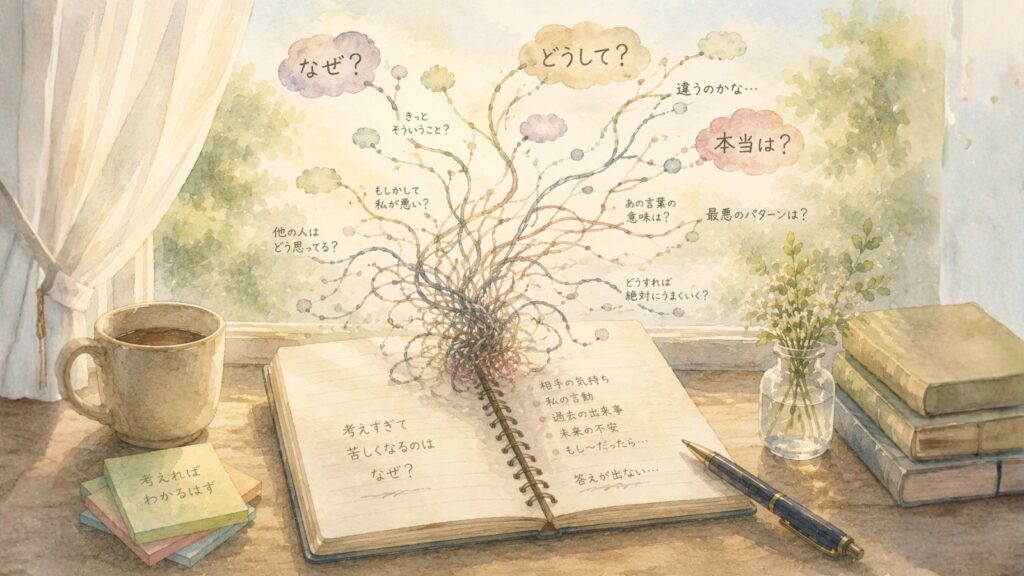 答えを求めて思考が枝分かれしながら広がっていく様子を表現した水彩イラスト
