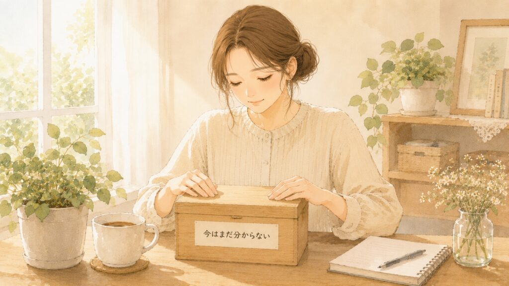 今はまだ分からないことを無理に答えを出さず、正体不明ボックスに入れて保留する様子を表した水彩イラスト