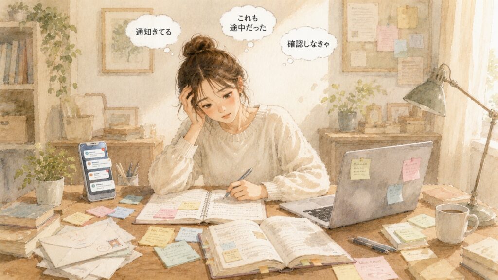 通知やメモなど視界に入る情報量が多く頭が疲れてしまう視界処理オーバー型のイラスト