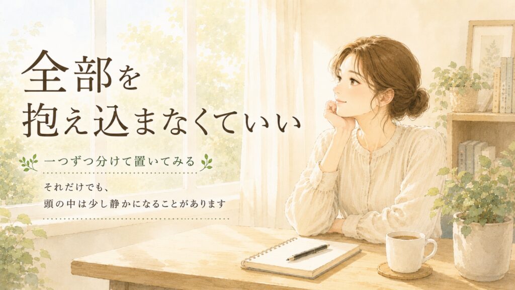 頭の中の荷物を整理したあと、安心した表情で窓の外を見つめている女性を描いた水彩イラスト