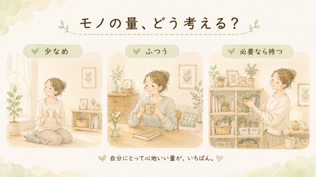 モノの量との付き合い方を比較したイラスト