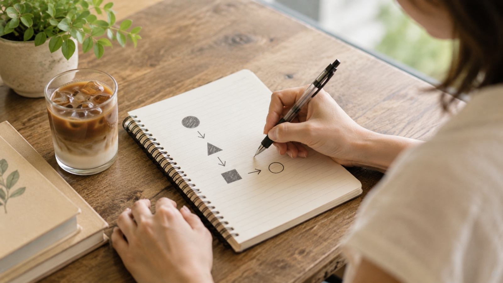 ノートに図を書きながら話の構成を分析している女性