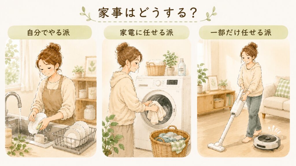 家事の効率化スタイル。自分でやる派、家電に任せる派、一部だけ任せる派の比較イラスト