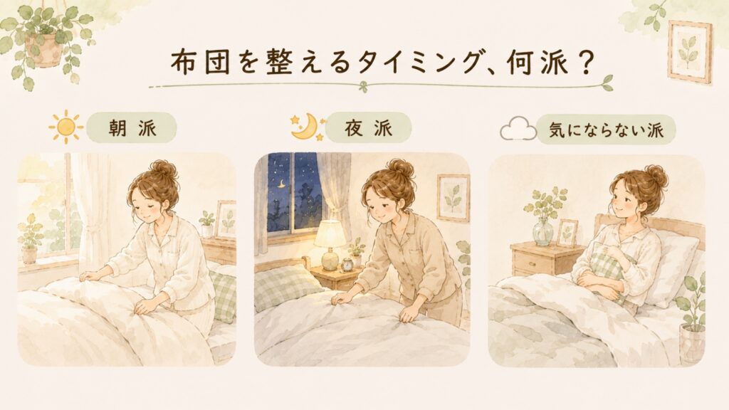 布団を整えるタイミングを朝・夜・気にならない派で比較したイラスト