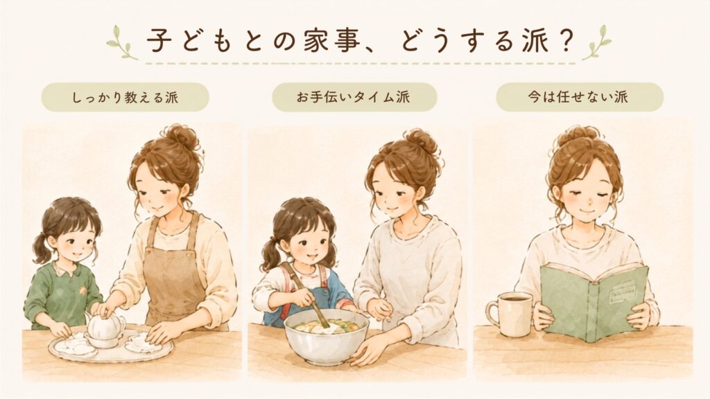 子どもとの家事の分担パターン。しっかり教育派、お手伝いタイム派、今は任せない派の比較イラスト
