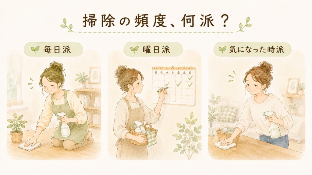 掃除の頻度を毎日・曜日・気になった時で比較したイラスト