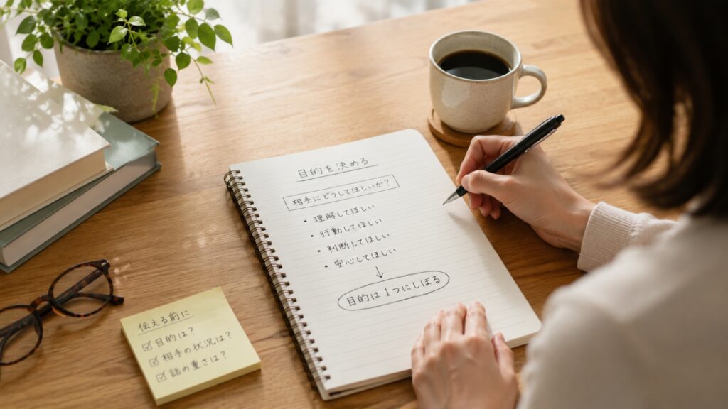 ノートに伝える目的を書き出して整理している様子