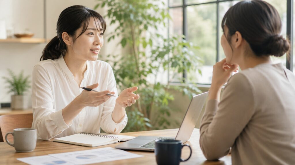 会話の内容を整理しながら話し合う二人の様子