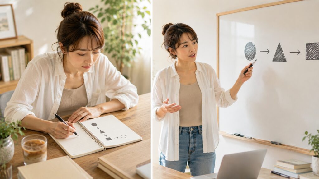 ホワイトボードを使って整理した内容を説明する女性