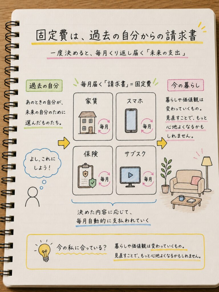 「固定費は、過去の自分からの請求書」と題した手書き風の図解ノート。家賃・スマホ・保険・サブスクなどが過去の選択として毎月自動で支払われる仕組みと、今の暮らしに合わせて心地よく見直すポイントを解説。