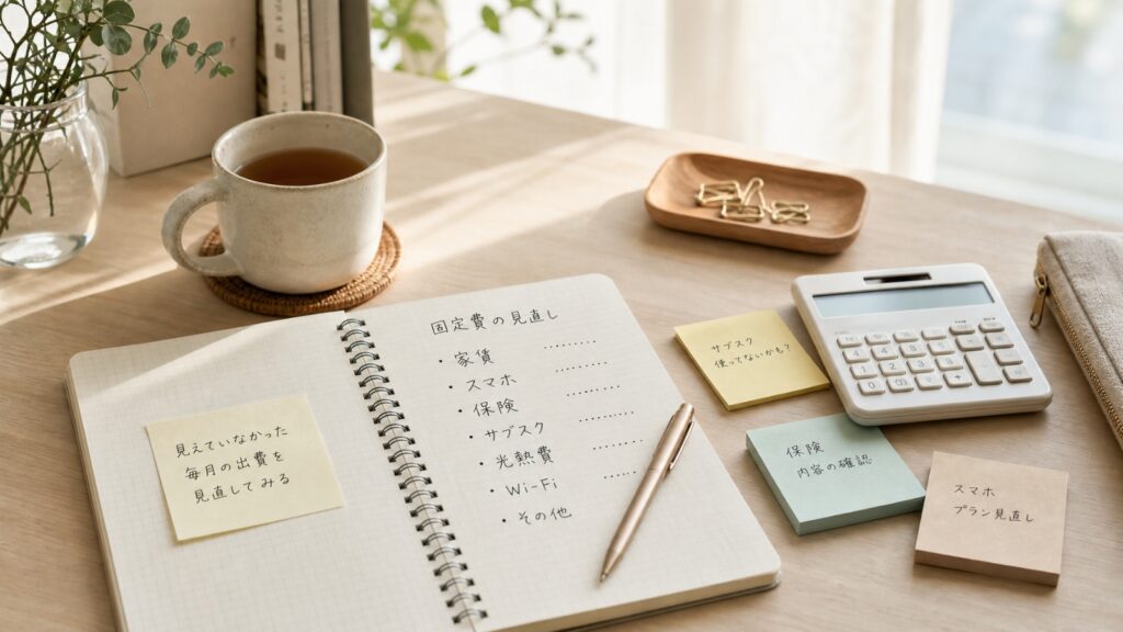 「固定費の見直し」と書かれたノートと付箋、電卓が机に並んだ様子。家賃やスマホ代、サブスクなどの見えない支出を書き出してゆるく整理するイメージ。