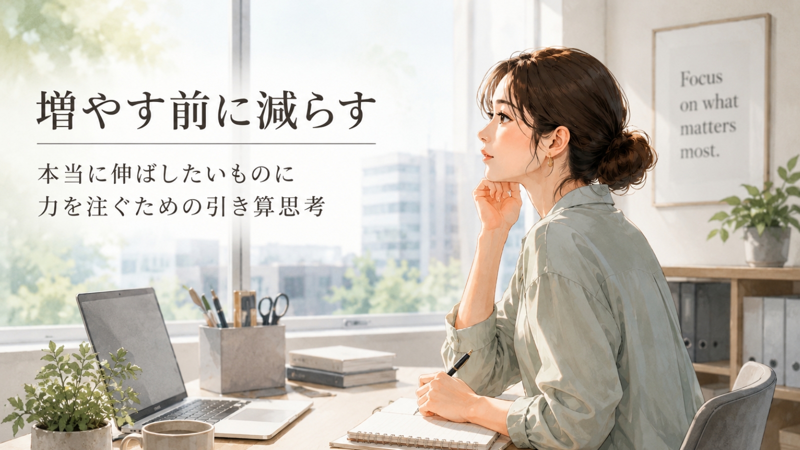 増やす前に減らすという考え方をテーマに、ノートを開きながら考える女性のイメージ