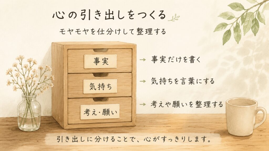 事実・気持ち・考えを引き出しに分けて整理するイメージイラスト