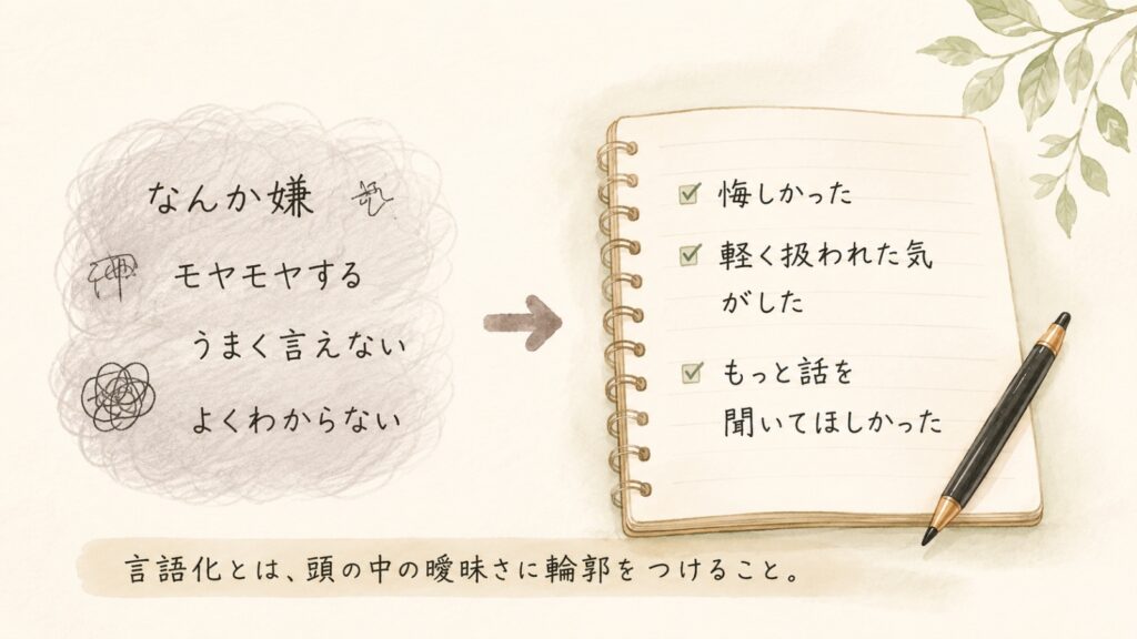 モヤモヤした気持ちを言葉に整理して輪郭をつけるイメージ