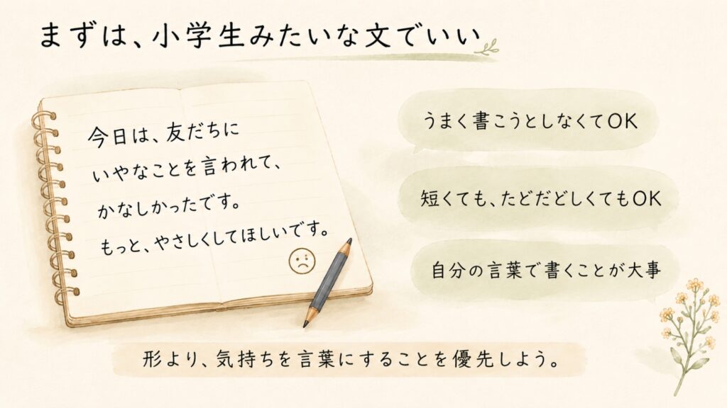 言語化は短くても自分の言葉で書けばよいことを伝えるイラスト