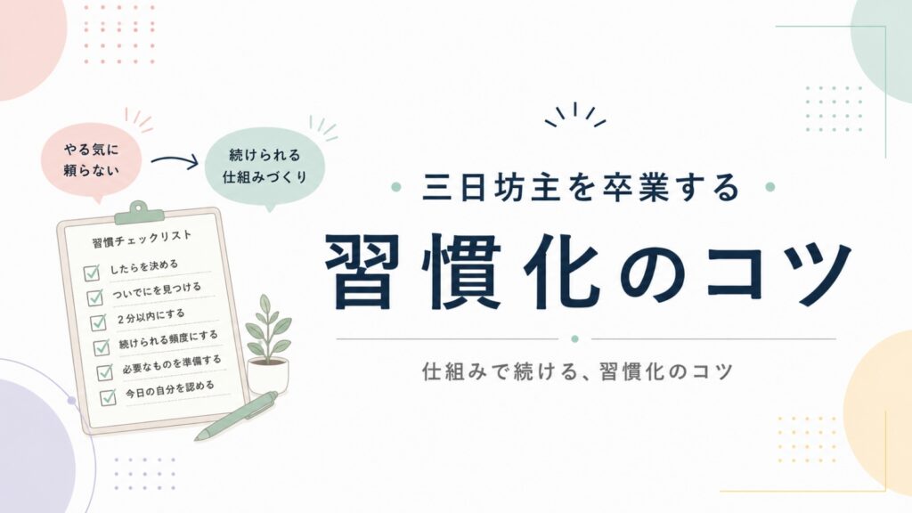 やる気に頼らない習慣化のコツを紹介するアイキャッチ画像。三日坊主を卒業するための仕組みづくりをテーマにしたデザイン。