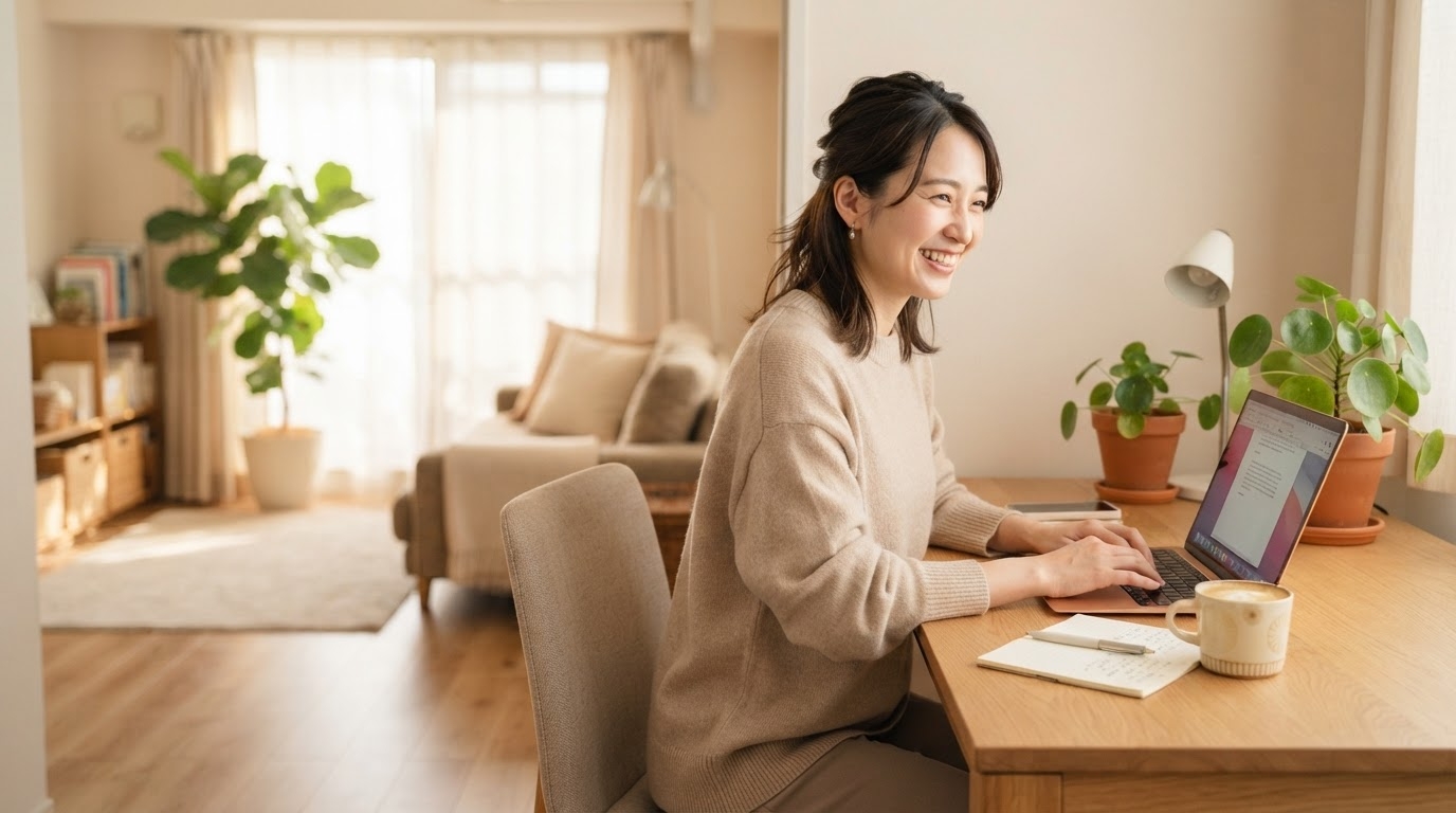 自宅のデスクでノートパソコンに向かい、笑顔で記事を書いている女性