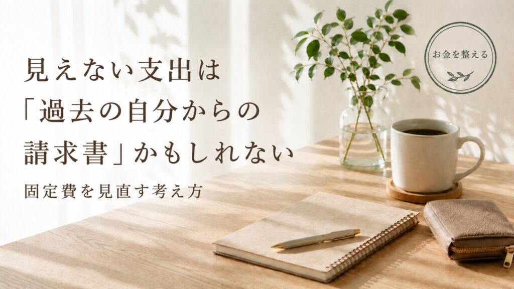 固定費は過去の自分からの請求書かもしれないという考え方を表した家計管理のアイキャッチ画像