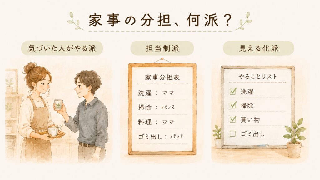 家事分担のスタイル。気づいた人がやる派、担当制派、見える化派の比較イラスト