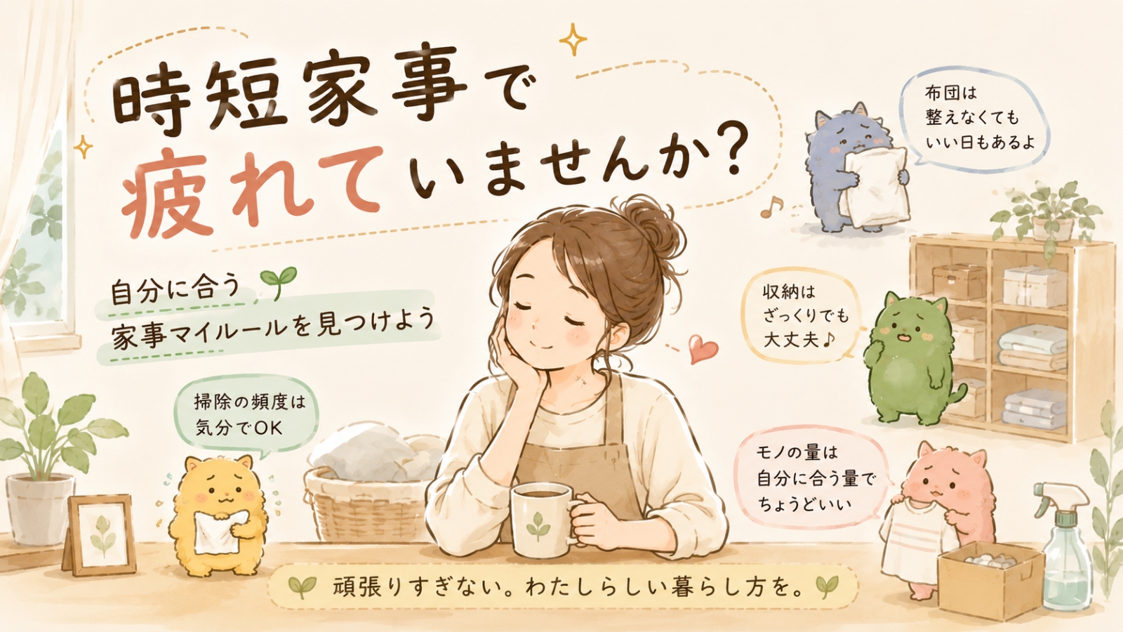 時短家事で疲れている人へ、自分に合う家事マイルールを考えるイメージイラスト