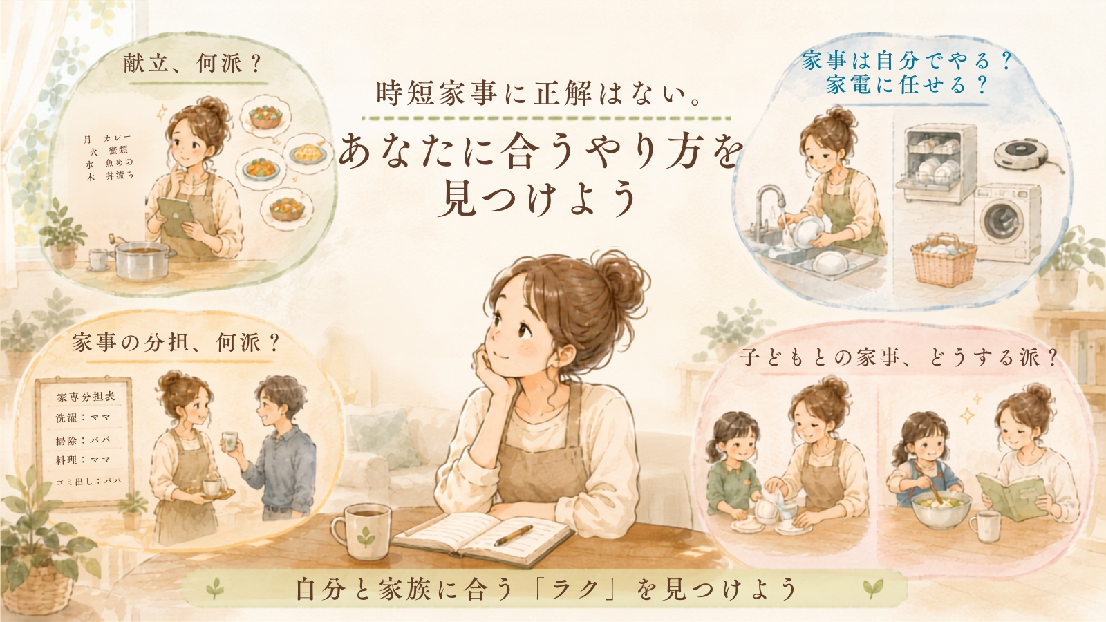 時短家事に正解はない。献立や家事分担など、自分に合う家事のやり方を見つけるためのイメージ図