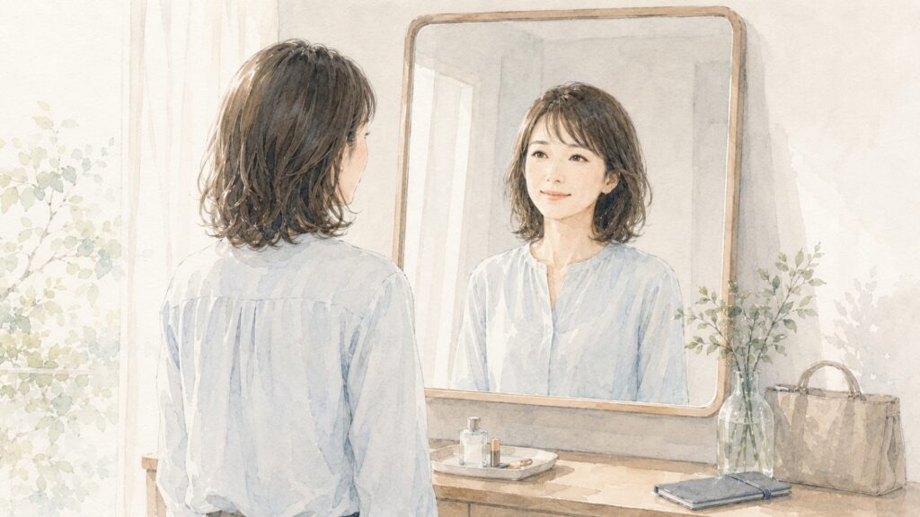 鏡を見て自分自身と向き合い、穏やかな表情で微笑む女性のイラスト