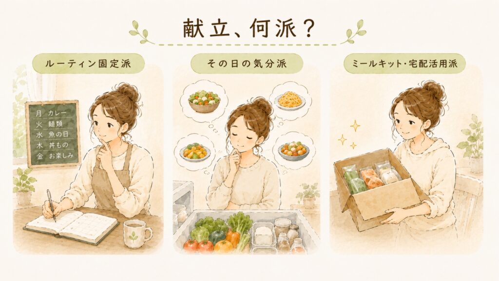 献立の決め方パターン。ルーティン固定派、その日の気分派、ミールキット・宅配活用派の比較イラスト