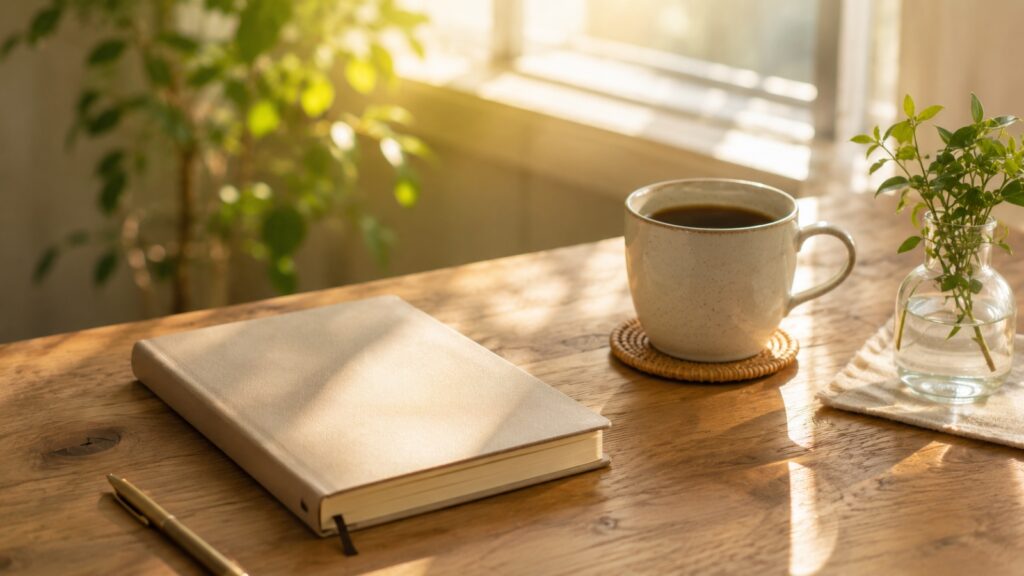 朝日が差し込む机の上に置かれたコーヒーと閉じたノート