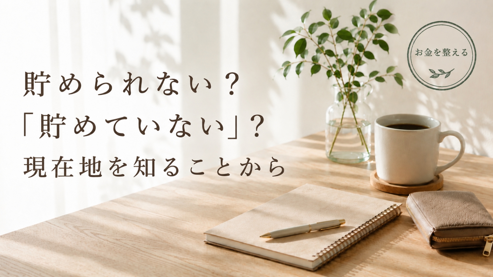 お金が貯められない原因を考え、現在地を整理するためのノートと財布が置かれた明るいデスク