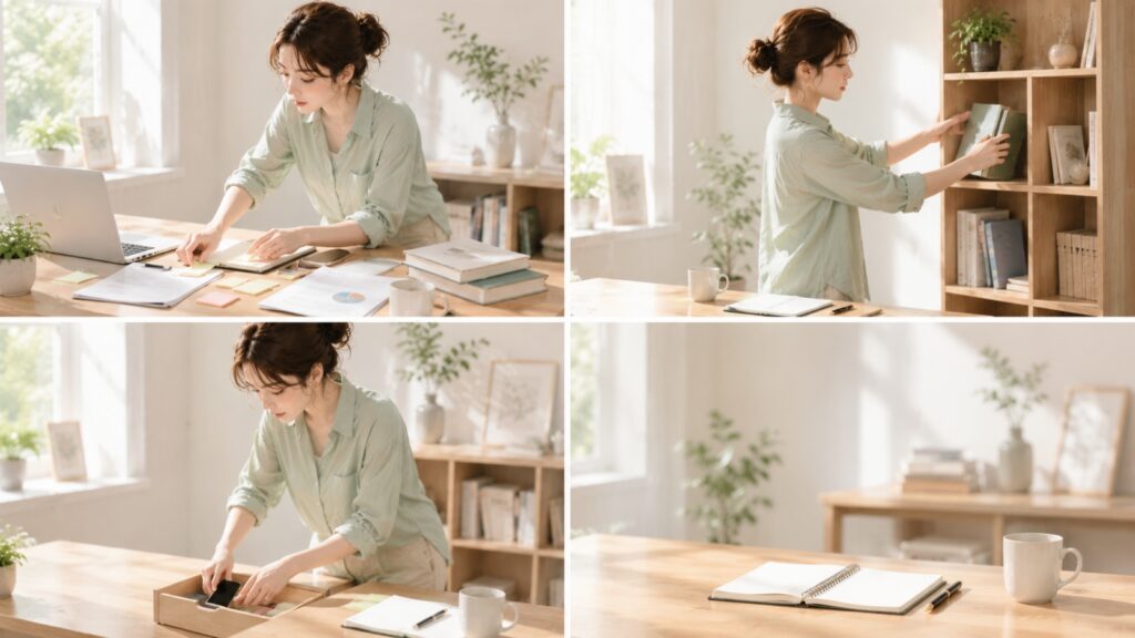 引き算で余白をつくり、本当に大切なものを選び整える様子をイメージした4コマ画像
