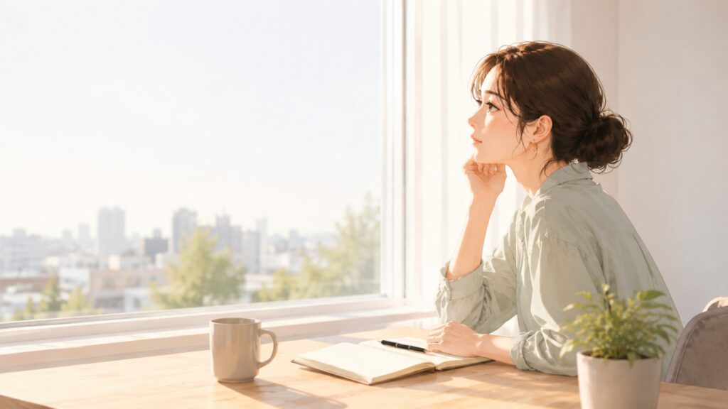 本当に大切なものを考えるために、窓の外を眺めながら一度立ち止まる女性