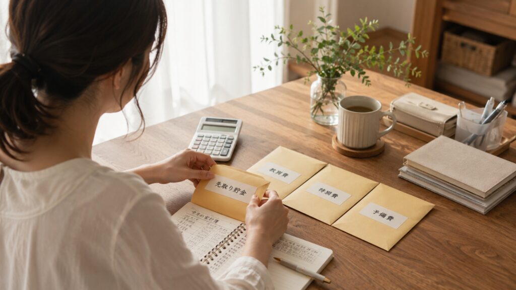 家計簿を見ながら封筒で先取り貯金を管理するイメージ
