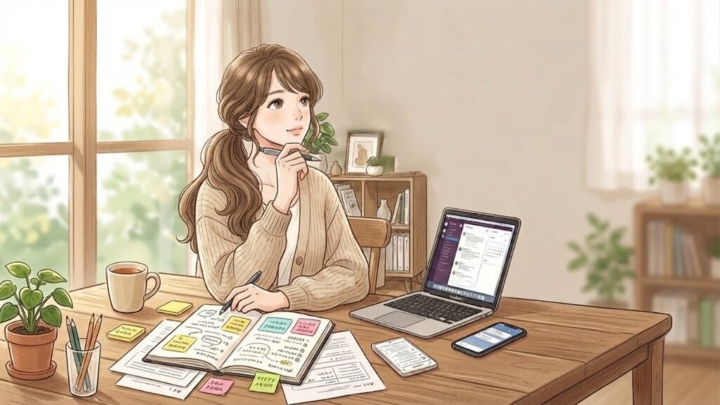 ノートや資料を前に複数のことを同時に考え込む女性